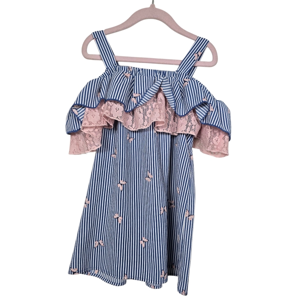 Jenna & Jessie Striped Butterflies Blue White Pink Cold Shoulder Blouse Girls 10